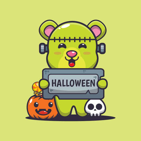 Cute bear with frankenstein costume holding halloween greeting stoneのイラスト素材