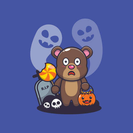 Cute bear scared by ghost in halloween dayのイラスト素材