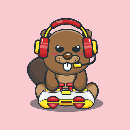 Cute beaver gaming. Cute animal cartoon illustration.のイラスト素材