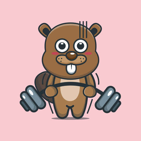 Cute beaver lifting barbell. Cute animal cartoon illustration.のイラスト素材