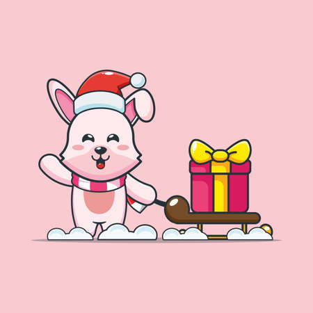 Cute bunny carrying christmas gift box. Cute christmas cartoon illustration.のイラスト素材