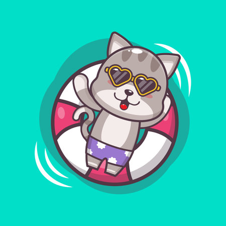Cute cat swimming on beach. Cute summer cartoon illustration.のイラスト素材