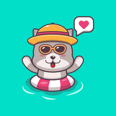 Cute cat swimming on beach. Cute summer cartoon illustration.のイラスト素材