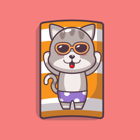 Cute cat sleep in the beach. Cute summer cartoon illustration.のイラスト素材