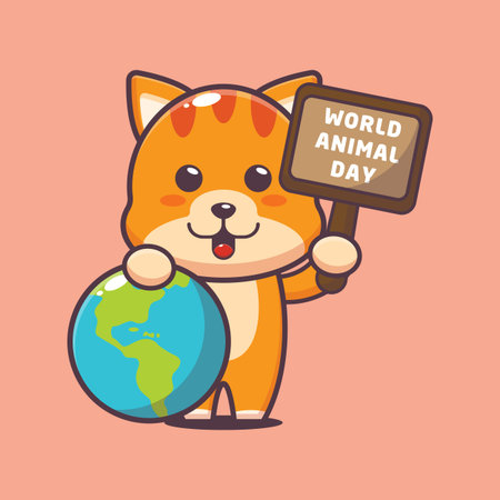 Cute cat in animal world day. cute animal cartoon illustrationのイラスト素材