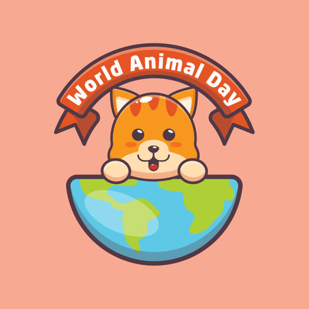 Cute cat in animal world day. cute animal cartoon illustrationのイラスト素材