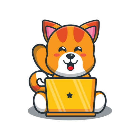 Cute cat with laptop. Cute animal cartoon illustration.のイラスト素材