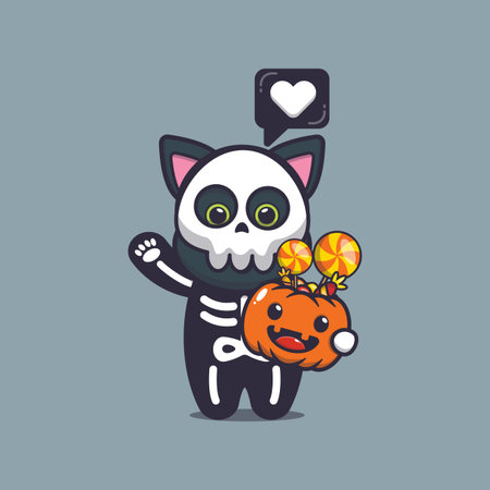 Cute cat with skeleton costume holding halloween pumpkin. Cute halloween animal cartoon illustration.のイラスト素材