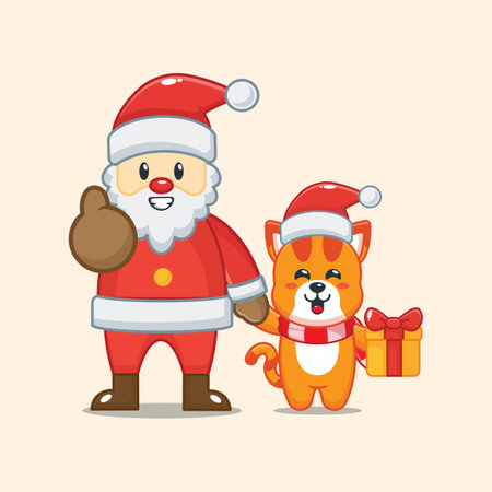 Cute cat with santa claus. Cute christmas cartoon vector illustration.のイラスト素材