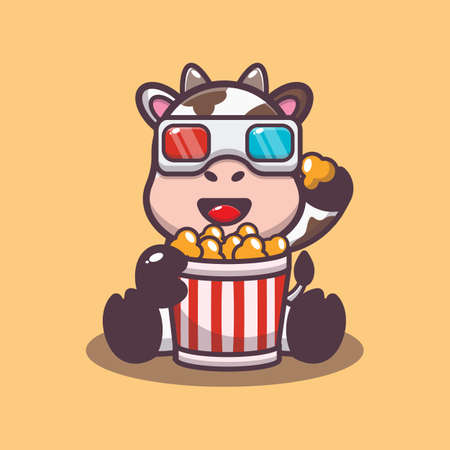 Cute cow eating popcorn and watch 3d movie. Cute animal cartoon illustration.のイラスト素材