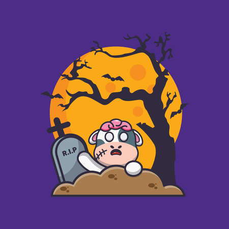 Cute cow zombie rise from graveyard in halloween day. Cute halloween cartoon illustration.のイラスト素材