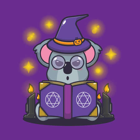 Cute koala witch read a spell from spell book. Cute halloween cartoon illustration.のイラスト素材