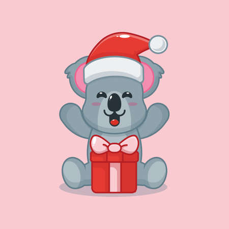 Cute koala happy with christmas gift. Cute christmas cartoon illustration.のイラスト素材