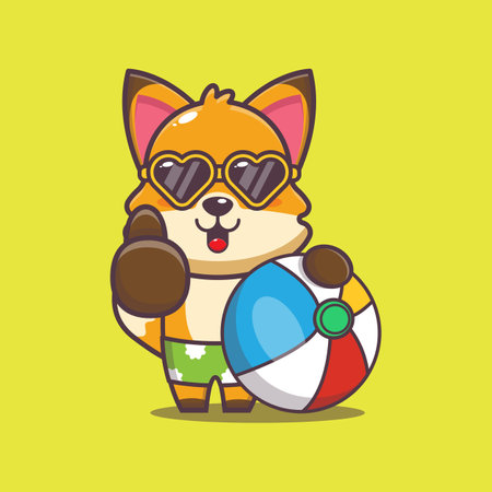 Cute fox with ball in summer day. Cute summer cartoon illustration.のイラスト素材