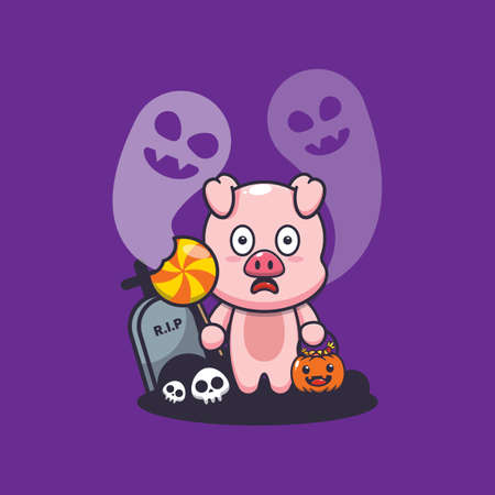 Cute pig scared by ghost in halloween dayのイラスト素材