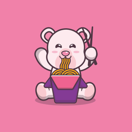 Cute polar bear eating noodleのイラスト素材