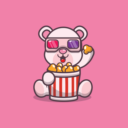 Cute polar bear eating popcorn and watch 3d movieのイラスト素材