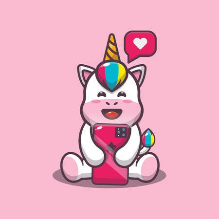 Cute unicorn with phone. Cute vector design animal character, vector isolated, flat illustration for poster, brochure, web, mascot, sticker, logo and icon.のイラスト素材