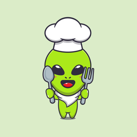 Cute chef alien holding spoon and fork cartoon vector illustration.のイラスト素材