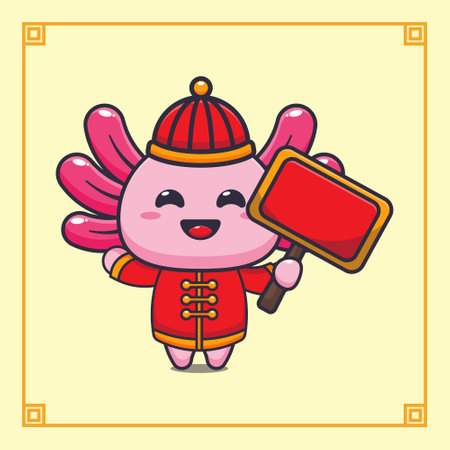 Cute axolotl with sign boards in chinese new year.のイラスト素材
