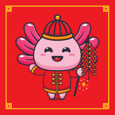 Cute axolotl playing firecrackers in chinese new year.のイラスト素材