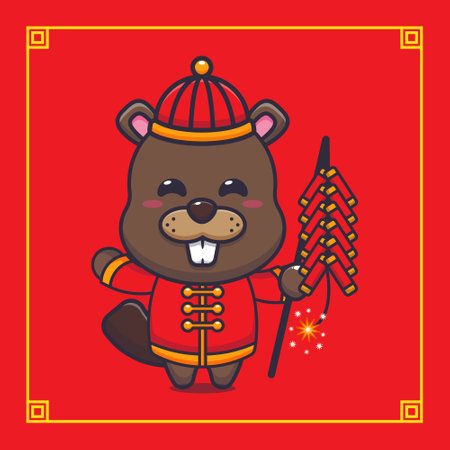 Cute beaver playing firecrackers in chinese new year.のイラスト素材