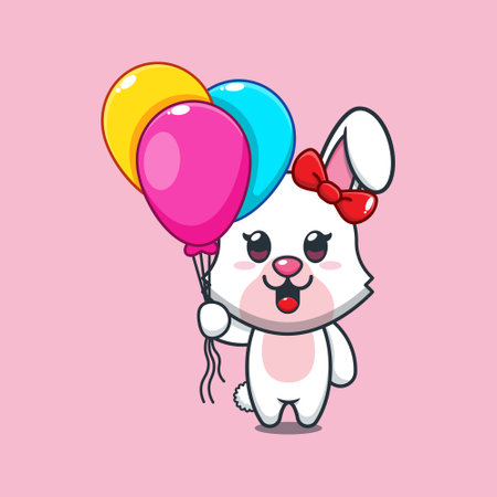 bunny with balloon cartoon vector illustration.のイラスト素材