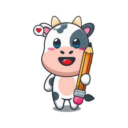 cow holding pencil cartoon vector illustration.のイラスト素材