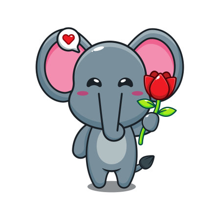 cute elephant holding rose flower cartoon vector illustration.のイラスト素材