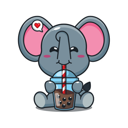 cute elephant drink boba milk tea cartoon vector illustration.のイラスト素材