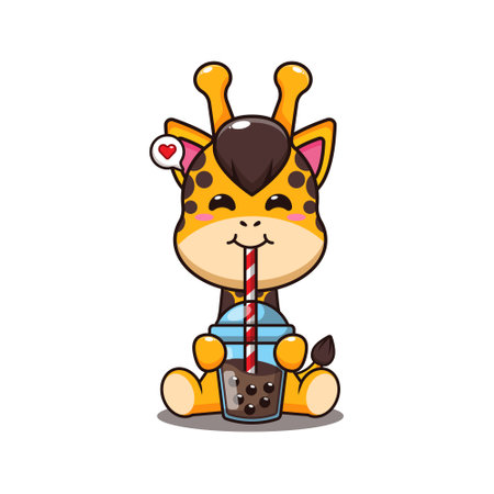 giraffe drink boba milk tea cartoon vector illustration.のイラスト素材