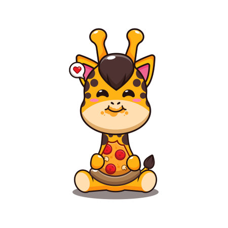 giraffe eating pizza cartoon vector illustration.のイラスト素材