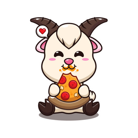 goat eating pizza cartoon vector illustration.のイラスト素材