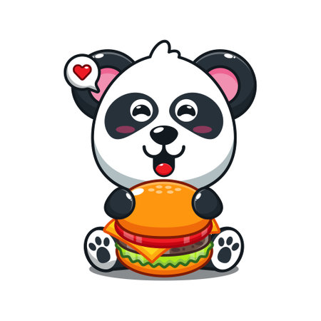 cute panda with burger cartoon vector illustration.のイラスト素材
