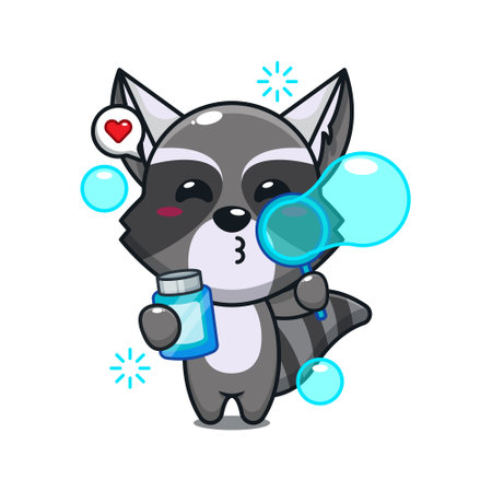 cute raccoon blowing bubbles cartoon vector illustration.のイラスト素材