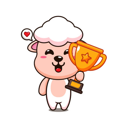 cute sheep holding gold trophy cup cartoon vector illustration.のイラスト素材