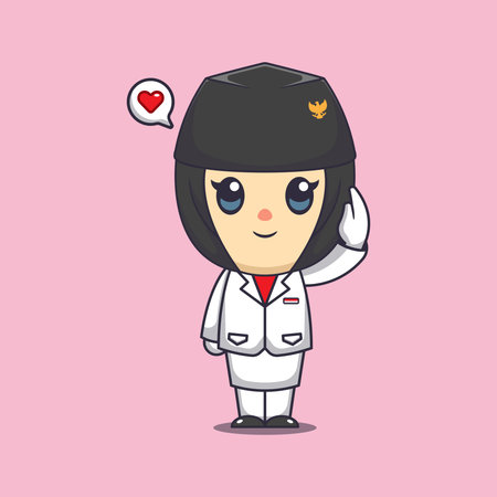 Cute flag raiser hijab female saluting Indonesian independence day.のイラスト素材