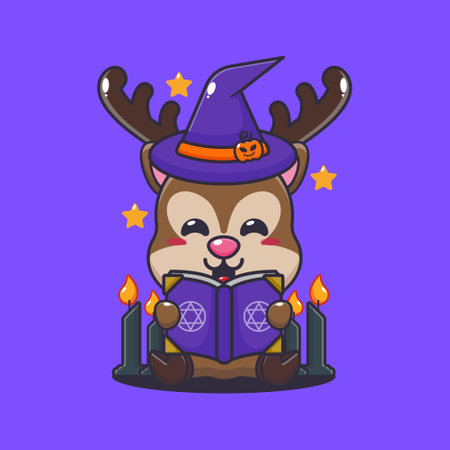 Witch deer reading spell book cartoon vector illustration.のイラスト素材