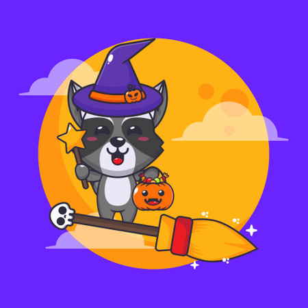 Witch raccoon fly with broom in halloween night.のイラスト素材