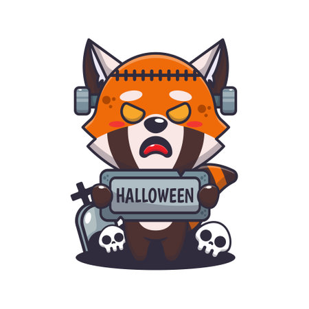 Zombie red panda holding halloween greeting stone.のイラスト素材