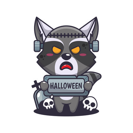 Zombie raccoon holding halloween greeting stone.のイラスト素材