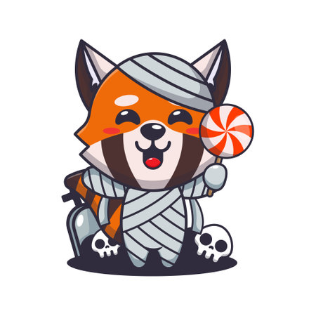 Mummy red panda holding halloween candy.のイラスト素材
