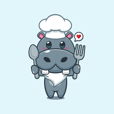 Chef hippo cartoon vector holding spoon and fork.のイラスト素材