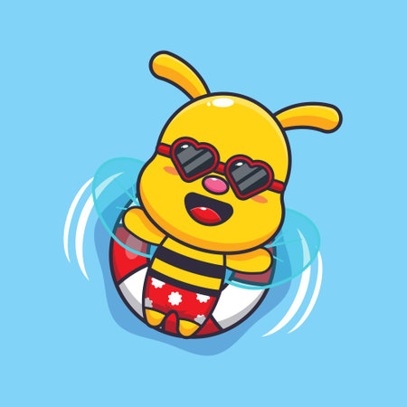 Cute bee in sunglasses float with buoy.のイラスト素材