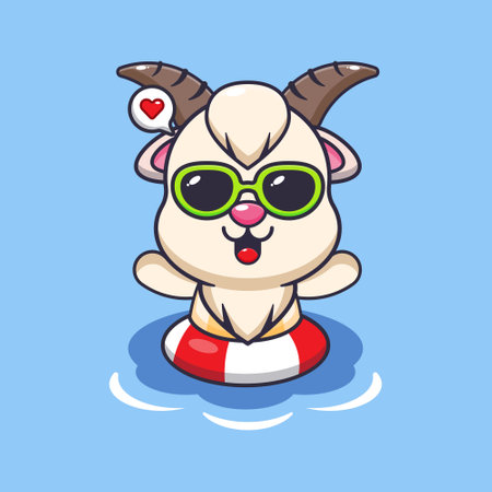Cute goat in sunglasses swimming on beach. Cute summer cartoon illustration.のイラスト素材