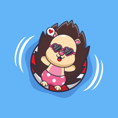 Cute hedgehog in sunglasses float with buoy. Cute summer cartoon illustration.のイラスト素材