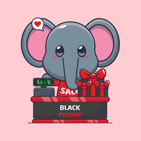 cute elephant with cashier table in black friday sale cartoon vector illustrationのイラスト素材