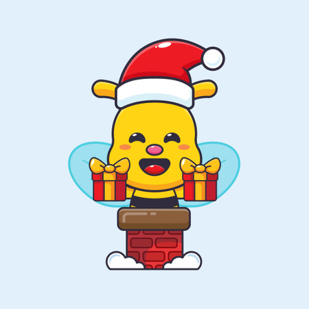 Cute bee with santa hat in the chimney. Cute christmas cartoon character illustration.のイラスト素材