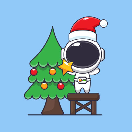 Cute astronaut taking star from christmas tree. Cute christmas cartoon character illustration.のイラスト素材