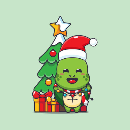 Cute turtle with christmast lamp. Cute christmas cartoon character illustration.のイラスト素材